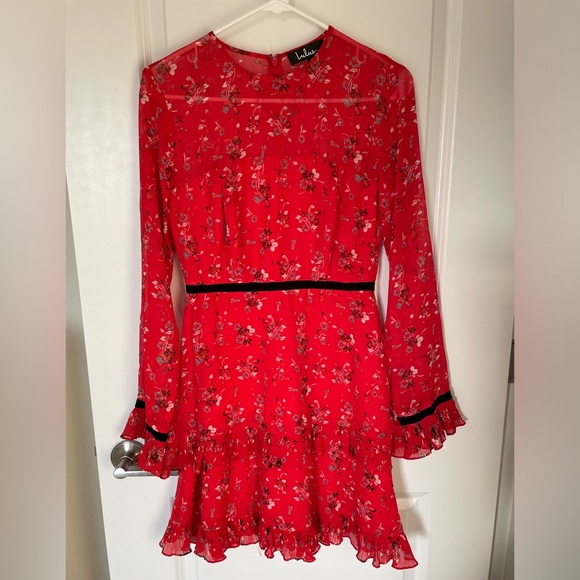 Lulus Floral to See Red Floral Print Long Sleeve Mini Dress - Picture 3 of 7